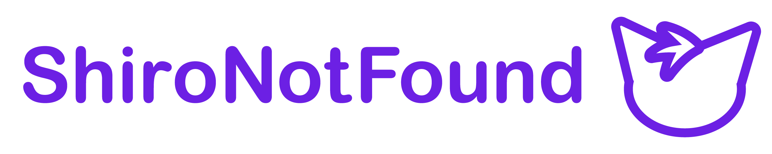 A rounded purple text saying "ShiroNotFound" and a purple outline of a cartoony cat with a spiky hair at the end